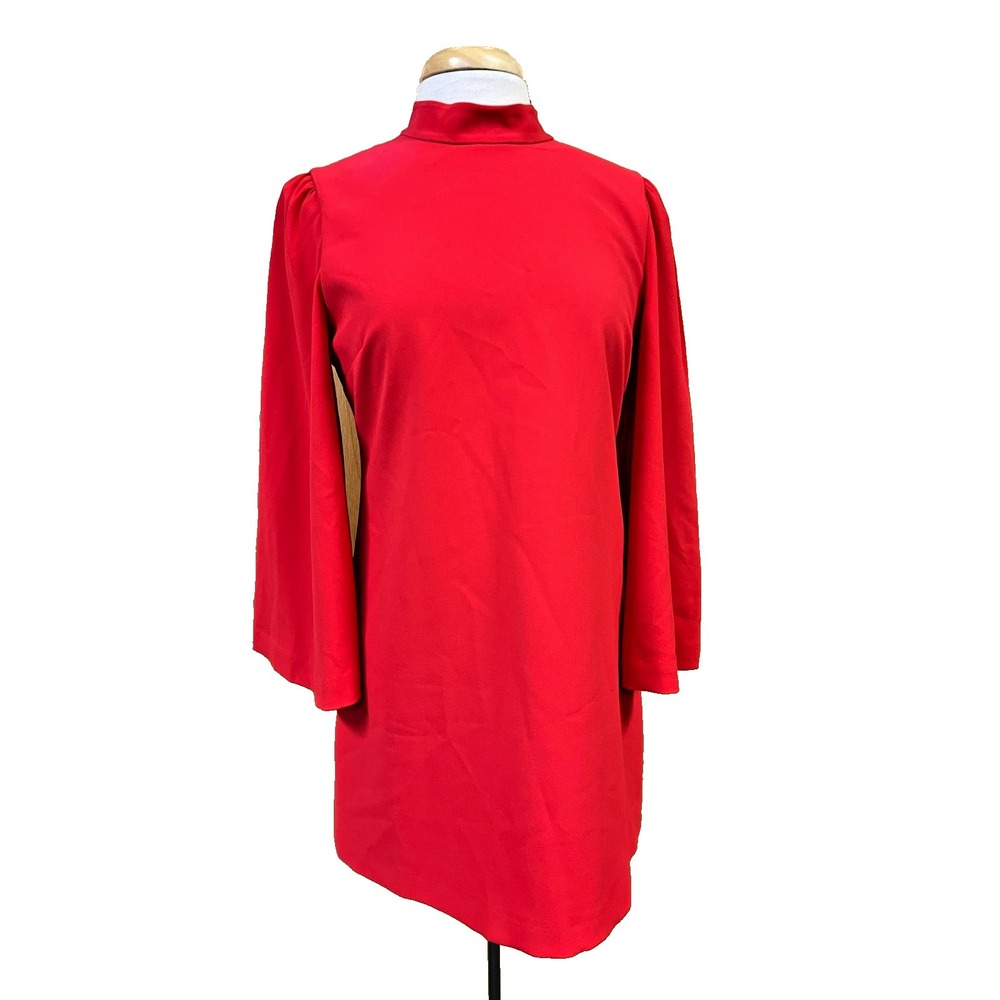 Alice & Olivia Bailey Mini Dress Red Mock Neck V-Back Zip 3/4 Bell Sleeve SZ 8 - Picture 3 of 16